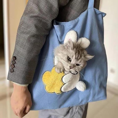 Pet Canvas Shoulder Carrying Bag, Cute Rabbit Shaped Cat Carrier, L Size Portable Kitten & Puppy Tote, Comfort Carriers for Small Dogs, Cats, and Pets, Handbag for Outdoor, Shopping, and Camping