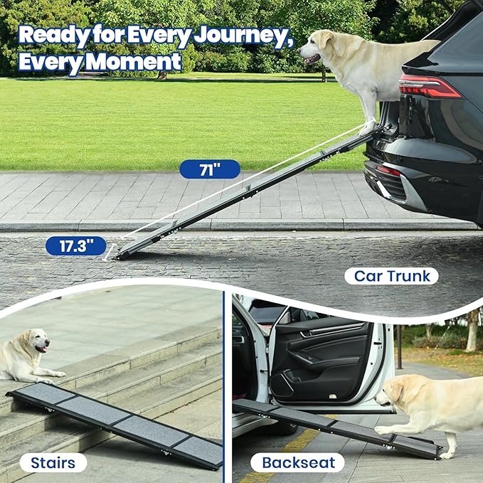Dog Ramp for Car, Pawlify 71" x 17.3" Dog Ramps for Large Dogs with Anti-Pinch Handle and Anti-Slip Rug Surface, Folding Dog Ramp Up to 250LBS, Portable Dogs Car Ramp for SUV, Trucks