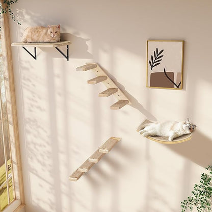 2PCS Cat Wall Shelves with Scratching Mat, 16.6x9.7 Inch Cats Wall Furniture, Solid Pine Wood Kitten Wall Mounted Floating Shelf, Window Perch Hammock for Pets Sleeping, Playing, Climbing