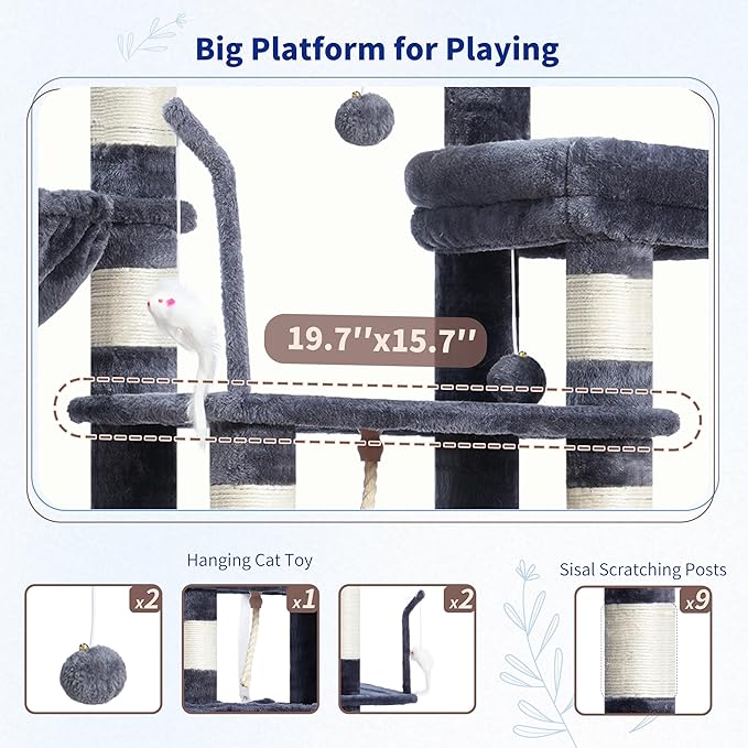 Cat Tree, Cat Tower for Large Cats with 2 Big Platforms, 2 Baskets, condo and Toys, 63" Cat Scratching Posts for Indoor Cats, Smoky Gray GCT020G