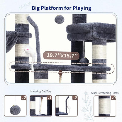 Cat Tree, Cat Tower for Large Cats with 2 Big Platforms, 2 Baskets, condo and Toys, 63" Cat Scratching Posts for Indoor Cats, Smoky Gray GCT020G