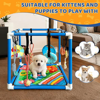 Puppy Play Gym with Snuffle Mat & 8 Hanging Toys Indoor Play Gym Interactive Dog Toys for Boredom Enrichment Activity for Small Dog PVC Frame Stretchy Rope with Velcro (Blue,19.6 x 19.6 x 19.6 inch)