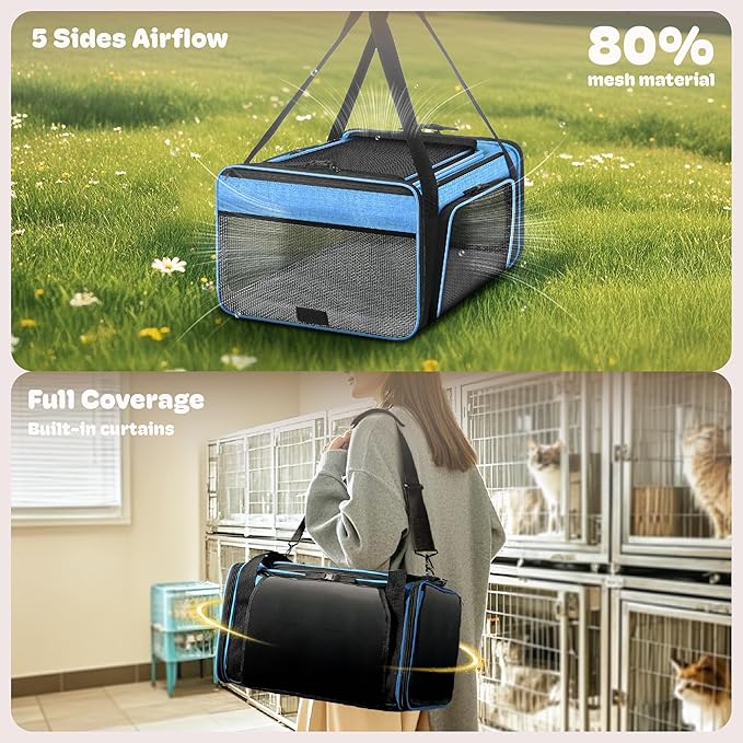 Top and 2 Sides Expandable Cat Carrier 18x13.5x9.5, TSA Airline Approved Dog Carriers for Small Dogs, Soft-Sided Pet Carrier with Self-Locking Zippers for Kitten,Rabbit, Puppy, Guinea Pig Blue
