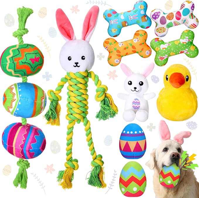 10 Pcs Easter Dog Toys with Squeaker, Includes 4 Plush Bone 2 Rope Toys for Dogs 2 Easter Egg 1 Plush Bunny & Chick for Puppy/Small/Medium/Large Breeds Holiday Pet Gift