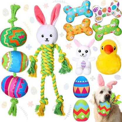 10 Pcs Easter Dog Toys with Squeaker, Includes 4 Plush Bone 2 Rope Toys for Dogs 2 Easter Egg 1 Plush Bunny & Chick for Puppy/Small/Medium/Large Breeds Holiday Pet Gift