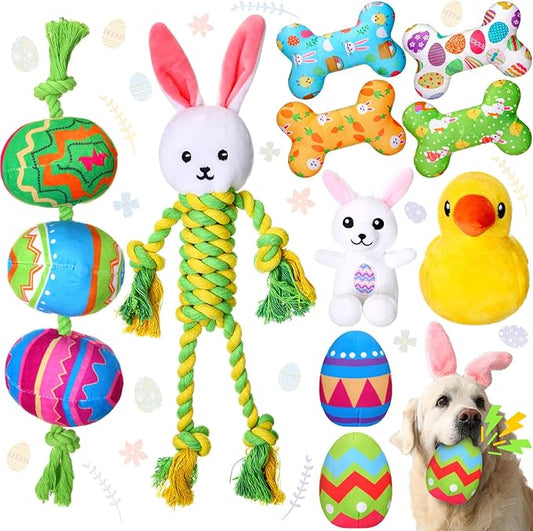 10 Pcs Easter Dog Toys with Squeaker, Includes 4 Plush Bone 2 Rope Toys for Dogs 2 Easter Egg 1 Plush Bunny & Chick for Puppy/Small/Medium/Large Breeds Holiday Pet Gift