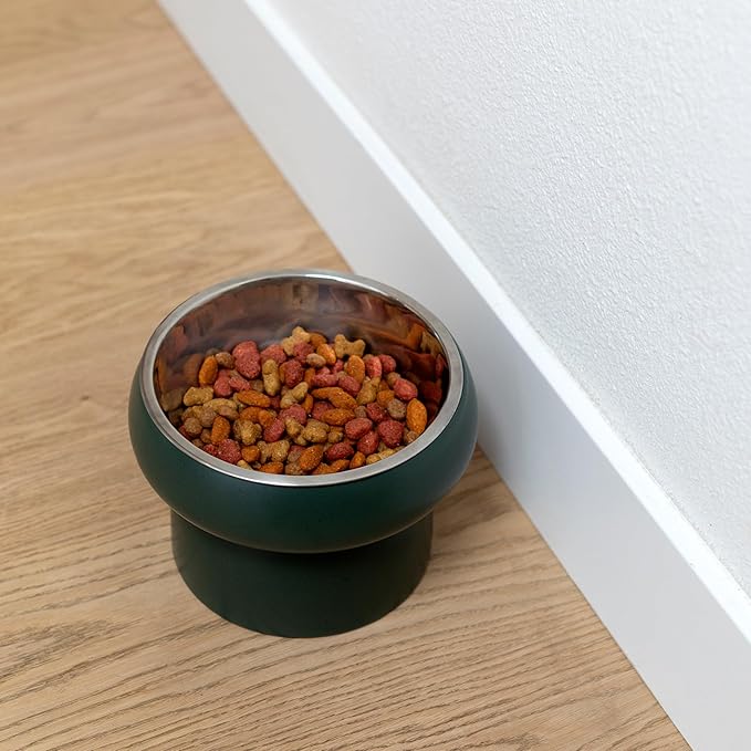 Fringe Studio Matte Speckled Green Medium Raised Stoneware Feeder W/Stainless Steel Insert (7" Diameter x 5.5" H, 26 fl.oz.), PetShop Collection (453MD001)