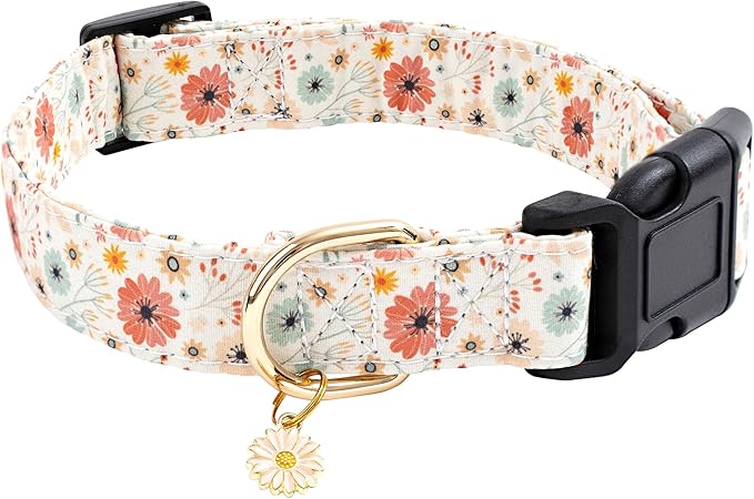 Faygarsle Cotton Designer Dogs Collar Cute Flower Dog Collars for Girl Female Small Medium Large Dogs with Flower Charms L
