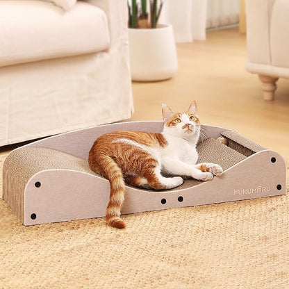 FUKUMARU Cardboard Cat Scratcher Bed, Extra Long 29.1 Inch Cat Scratch Bed Couch Indoor, Natural Felt Multifunctional Cats Scratching Lounger, Horizontal Kitten Cats Scratch Pad with Ball Toy, Camel