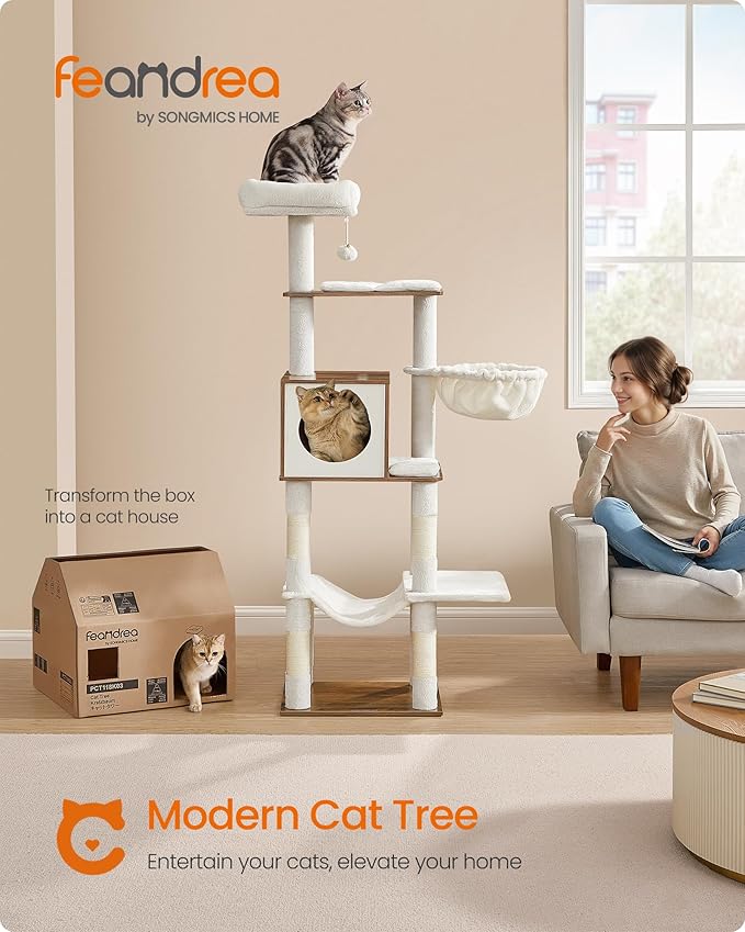 Feandrea Cat Tree, 65-Inch Tall Cat Tower, Multi-Level Condo with Cave, Basket, Hammock, Pompom, Scratching Posts, Honey Brown UPCT118K03