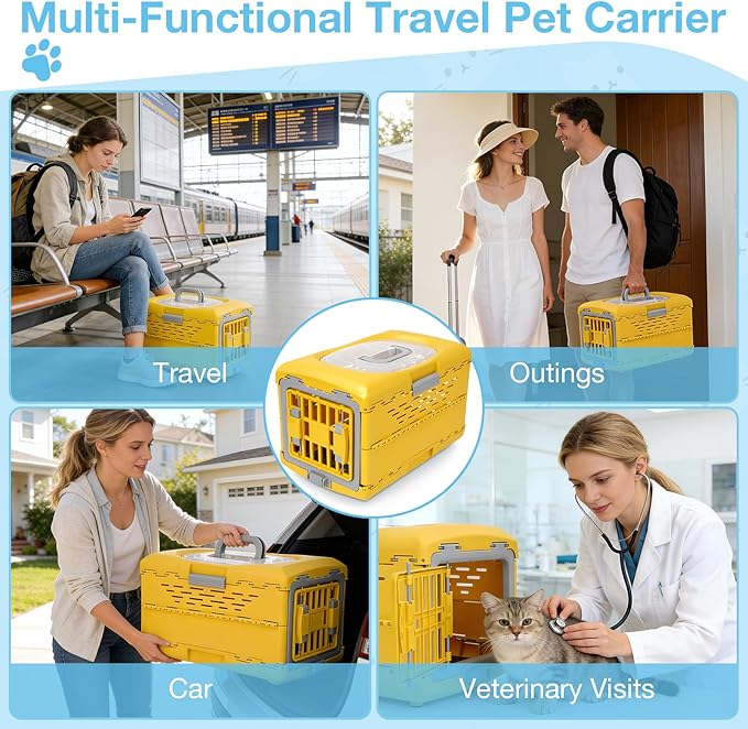 Cat Carrier Pet Carrier for Cat, Plastic Collapsible Cat Carrier Hard for Camping Vet Visits Travel, Fully Breathable Pet Travel Carrier Crate Under 13LBS (18.9" L x 11.8" W x 12.6" H)