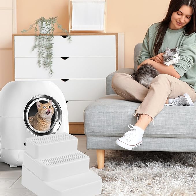 BALAPET Adjustable 3 Steps Litter Box Ramp with Filter Function, Detachable Litter Trapper, Easy Clean Cat Litter Stair for Small & Elderly Cats(White)