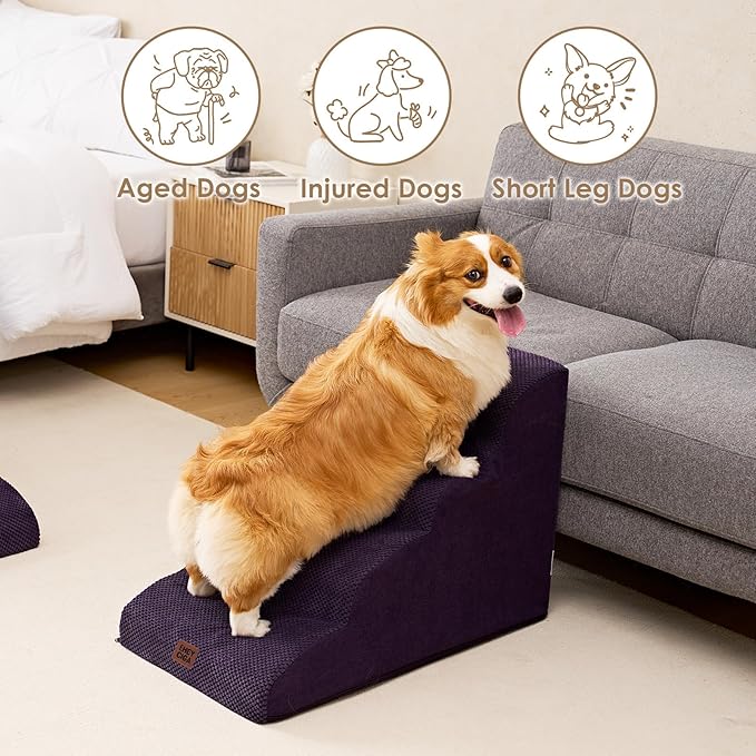 EHEYCIGA Curved Dog Stairs Ramp for High Beds 19.7" H, 4-Step Dog Steps for Small Dogs and Cats, Pet Stairs for High Bed Climbing, Non-Slip Balanced Pet Step Indoor, Purple