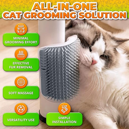 Cat Corner Scratcher – Cat Self Groomer for Indoor Cats – Wall Brush with Face Scratchers and Catnip | Easy to Install, Soft Massage, Fur Remover, Grooming Tool Also Works as Hand Comb for Cats