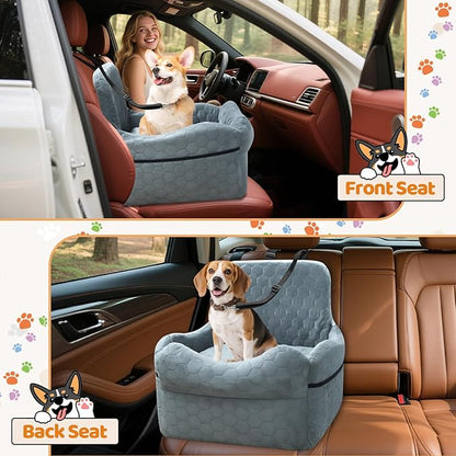 Dog Car Seat for Small/Medium Dogs - Puppy Car Seat Under 35 lbs with Thick Elevated Cushion & Safety Belt for Travel - Detachable & Washable Dog Booster Seat with 2 Sides Storage Pockets(Gray)