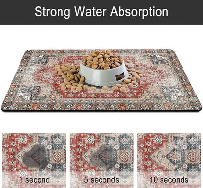 2 Pack Dog Food Mats for Floors, Absorbent and Quick-Drying Pet Cat Food Mat,Anti-Fouling and Easy-to-Clean Pet Feeding Mat,Dog Bowl Mat for Messy Drinking Water Bowls.12 x20+18"x24", Bohemia Style