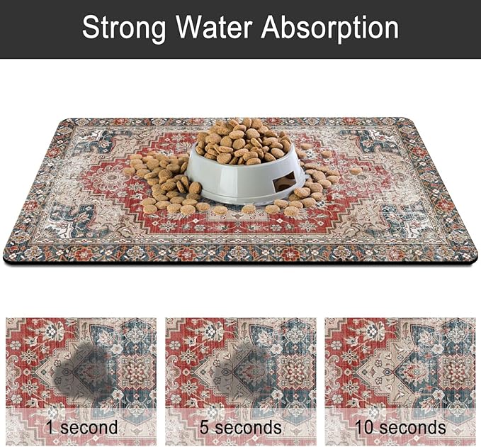 Dog Food Mats for Floors, Absorbent and Quick-Drying Pet Cat Food Mat,Anti-Fouling and Easy-to-Clean Pet Feeding Mat,Dog Bowl Mat for Messy Drinking Water Bowls.17 x32, Bohemia Style