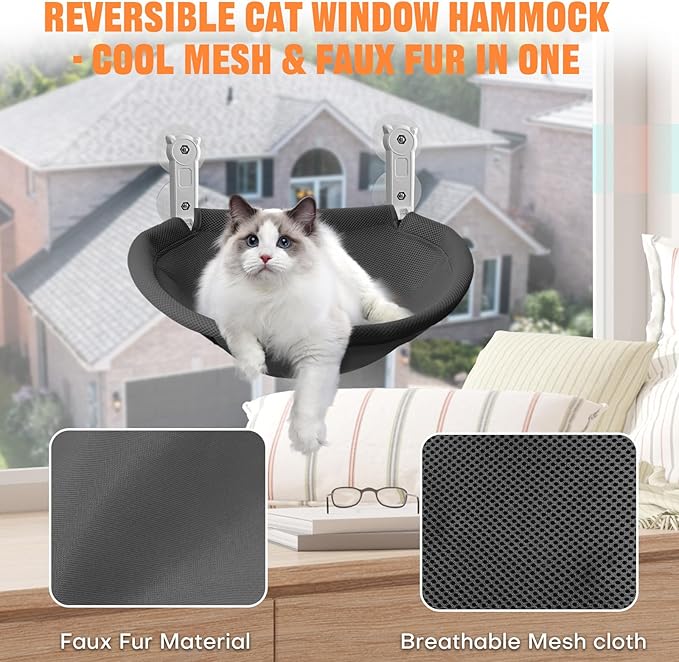 Homegroove Cat Window Perch, 18 x 12 Inch Foldable Cat Hammock for Window with Sturdy Metal Frame, Breathable Cordless Window Bed for Resting Seat for Indoor Cats (Black, 18 x 12 Inch)