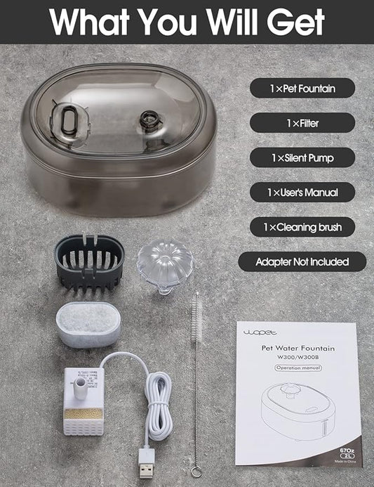 WOPET Cat Water Fountain, 67oz/2L Automatic Pet Water Dispenser for Cats & Small Dogs, Ultra Quiet Sleep-Friendly Pump, BPA-Free, 2 Flow Modes, Visible Water Level, 3-Stage Filtration