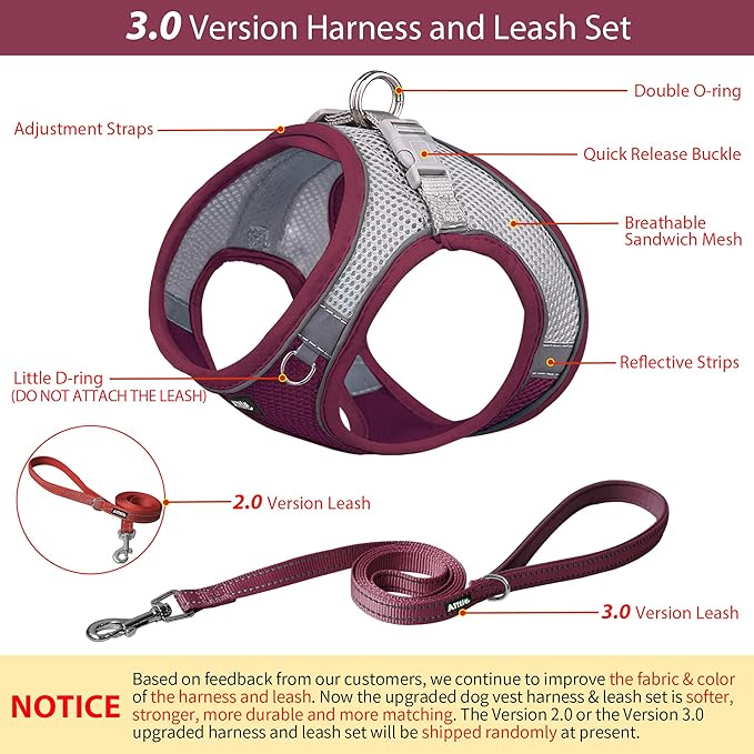 AIITLE Easy Walk Dog Harness and Leash Set - Christmas Pet Supply No Pull, Step in Adjustable Dog Harness with Padded Vest, No Choke Over, Easy to Put on Medium Dogs Burgundy L