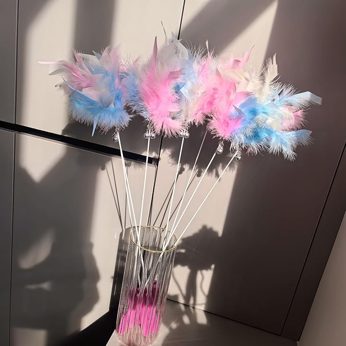 Interactive Cat Teaser Wand with Colorful Feathers & Double Bells, Irresistible Wiggle for Indoor Cats, Chew-Resistant Kitten Toy(Pink)
