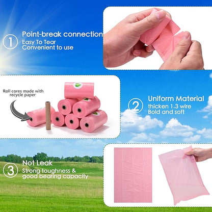 Biodegradable Pink Dog Poo Bags Lavender scent with Dispenser - 300 Large Poop Bags, Extra Thicken Strong Corn Starch Blended Compostable Leak Proof Poop Waste Bag for Dogs