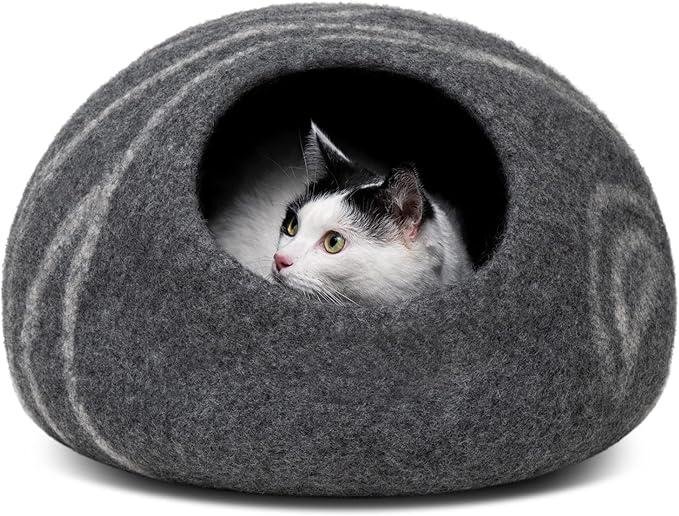 MEOWFIA Cat Cave – Premium Felt Cat Bed for Indoor Cats, Handmade Merino Wool (Dark Grey, Large)