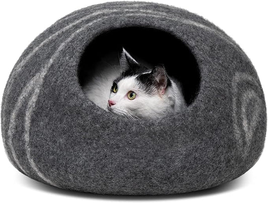 MEOWFIA Cat Cave – Premium Felt Cat Bed for Indoor Cats, Handmade Merino Wool (Dark Grey, Large)