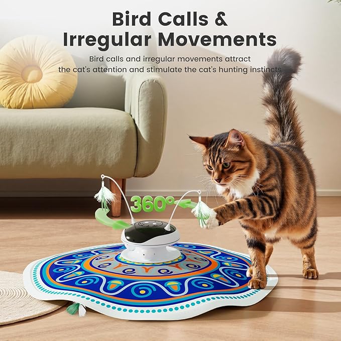 Gardner Pet Cat Toys Chargeable,5in1 Hide and Seek Automatic Interactive cat Toy, Chirping Moving Ambush Feather, Track Balls,Indoor Exercise Kicker 24 inch Cover for All Breeds,Boho Style - Blue