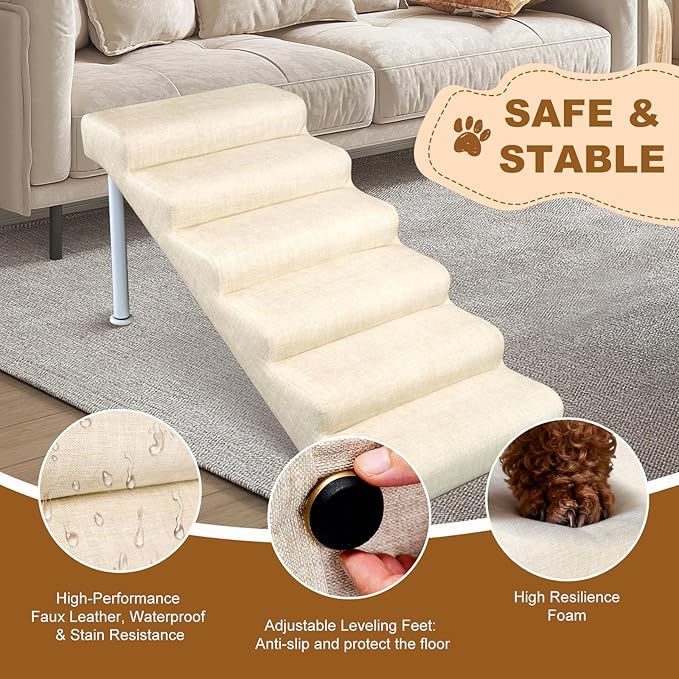 Adjustable Dog Stairs & Ramp for Cats and Dogs, 6-Step Pet Stairs for High Beds and Couch, 21.2"–24.4" Height, Linen Faux Leather, Waterproof, Scratch-Resistant, Non-Slip Indoor Pet Ramp