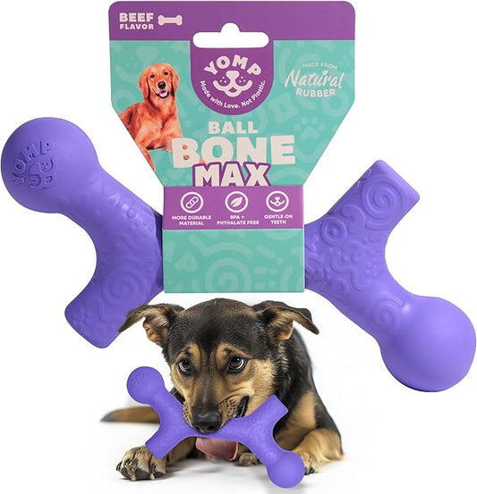Yomp BallBone MAX: All-Natural Rubber Dog Toy Bone Shape, Nontoxic, Safe for Pet Play, Purple Color, Dishwasher Safe, Freezer Safe for Teething Relief