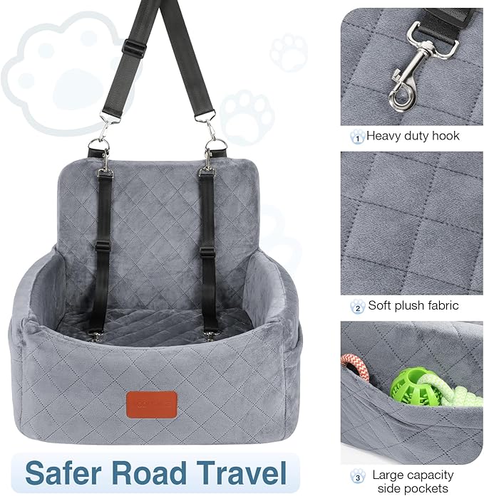 WOOAIDAGG Dog Car Seat for Small Dogs Under 30lbs,Comfy & Safe Travel Bed with Washable Cover,2 Clip-On Safety Leashes and Pockets,Anti-Slip Base,Easy to Install(Grey)