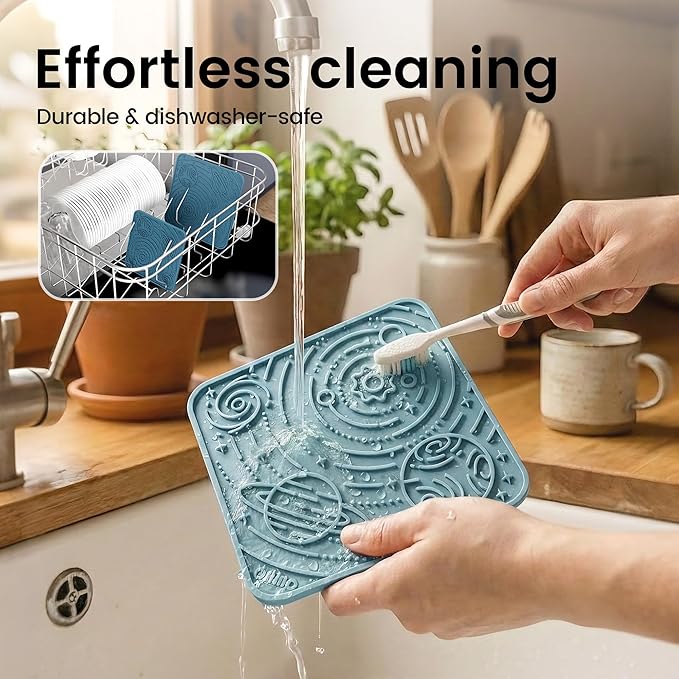 OHMO Lick Mat for Dogs and Cats(Small, Dark&Light Blue, 2pcs) Enrichment Accessories Toy Space Star Easy Clean Pet Slow Feeder/Suction Cups, Licking Pad for Anxiety Relief and Boredom Reduction