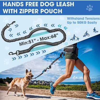 Hands Free Dog Leash with Waist Belt – No-Pull Bungee, Dual Padded Handles & Zipper Pouch for Running, Walking & Training – Adjustable Waist Leash for Large & Medium Dogs (Black)