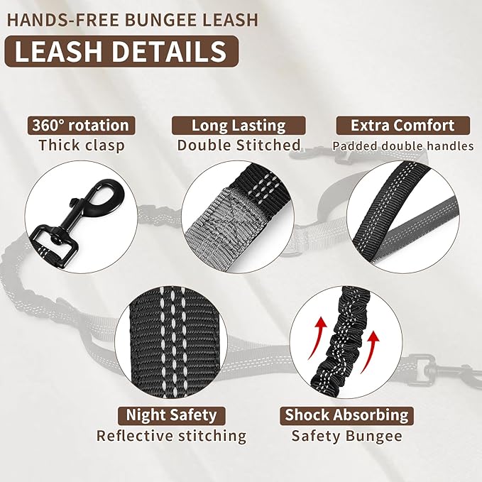 Tails & Tales Hands Free Dog Leash with Waist Pouch, Lumbar Support Upgraded, Bungee Reflective Leash, Adjustable Belt 25-55", Walking Running Hiking Training for Dogs Up to 125lbs (Gray, One Dog)