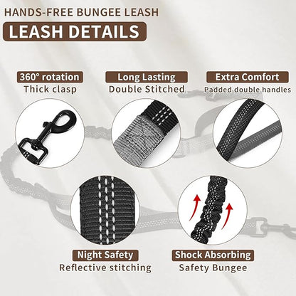 Tails & Tales Hands Free Dog Leash with Waist Pouch, Lumbar Support Upgraded, Bungee Reflective Leash, Adjustable Belt 25-55", Walking Running Hiking Training for Dogs Up to 125lbs (Gray, One Dog)