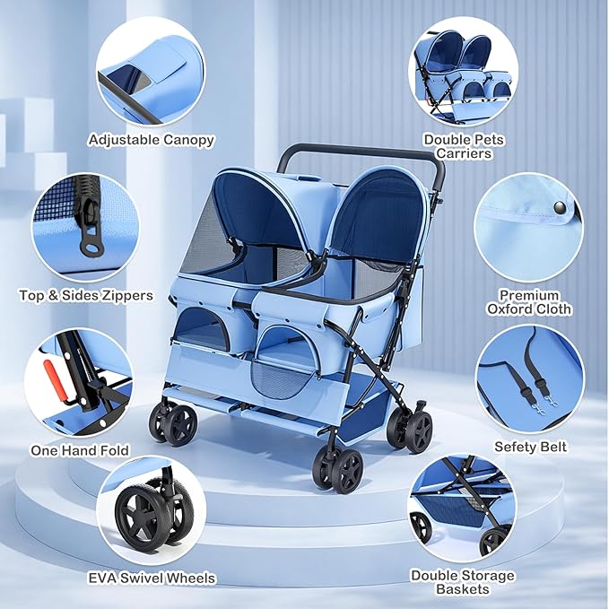 MoNiBloom Double Pet Stroller for 2 Small and Medium Dogs/Cats - 4-Wheel Foldable Design with One-Hand Quick Fold, 44 lbs Total Capacity, Adjustable Canopy & Dual Storage Baskets