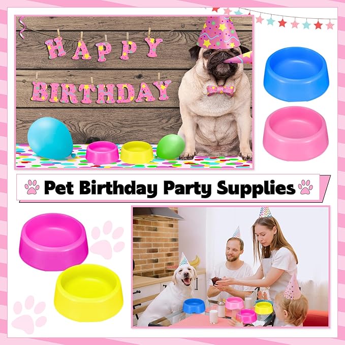 24 Pcs Puppy Bowls Puppy Birthday Party Supplies Pet Plastic Bowls Reusable Cat Food Feeding Water Dish Candy Colour Pet Dish for Dog Birthday Party Favors Blue Rose Red Yellow and Pink