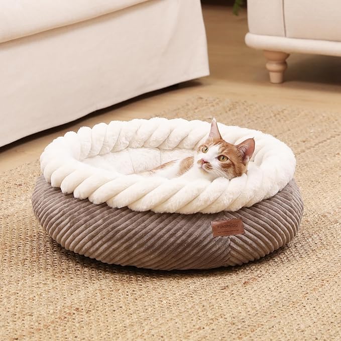 FUKUMARU Cat Bed, Calming Donut Dog Beds, Plush Faux Fur&Corduroy Kitten Beds, Cute Round Washable Pet Bed for Large Cats and Puppy, Cat Cave with Anti-Slip Bottom, 21inch, Camel