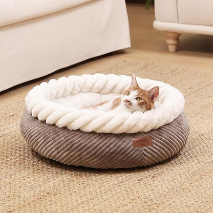 FUKUMARU Cat Bed, Calming Donut Dog Beds, Plush Faux Fur&Corduroy Kitten Beds, Cute Round Washable Pet Bed for Large Cats and Puppy, Cat Cave with Anti-Slip Bottom, 21inch, Camel