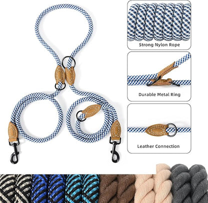Mile High Life Dual Dog Leash - Double, Hands Free with Leather Connection - 360 Swivel, No Tangle - Blue Gray, 8FT