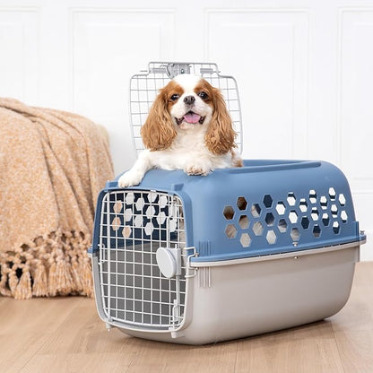 2-Door 24" Plastic Portable Dog Kennel, Blue – Lightweight Travel Crate for Small Dogs & Cats, Indoor/Outdoor Use with Secure Latches