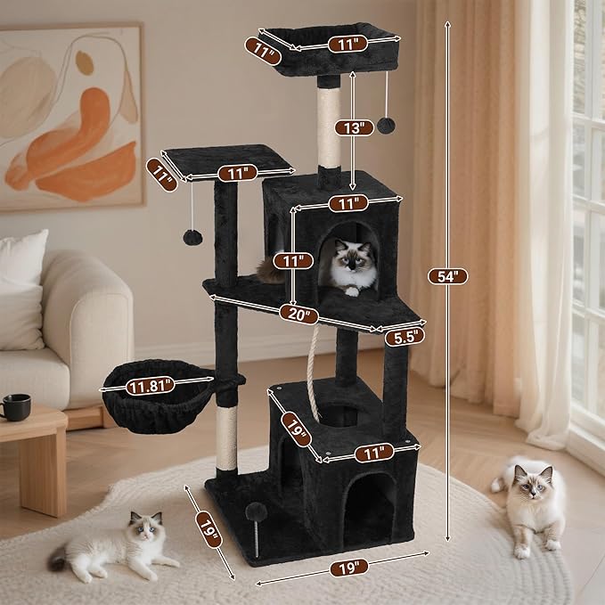 54 Inch Multi-Level Cat Tree Tower with Hammock, Condos & Scratching Posts, Large Cat Furniture for Indoor Cats with Pompoms, Black