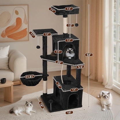 54 Inch Multi-Level Cat Tree Tower with Hammock, Condos & Scratching Posts, Large Cat Furniture for Indoor Cats with Pompoms, Black