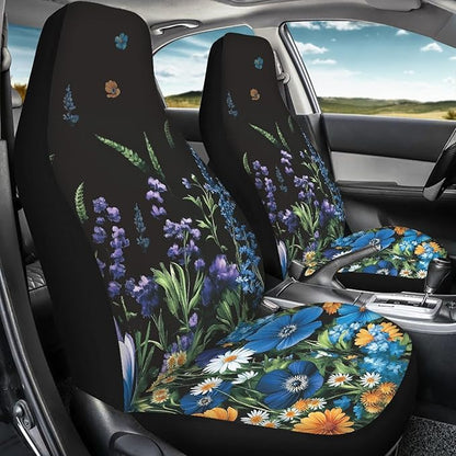 Sunflowers Daisy Car Seat Covers Front Seats Only for Women Blue Flowers Front Bucket Seat Accessory Interior Decoration Universal Fit for Most Vehicles