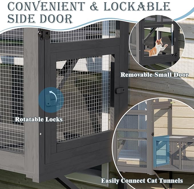 Large Catio Cat Window Box, Outdoor Cats Window Perch Enclosure for Indoor Cats with 4 Jump Platforms & 4 Doors, Kitten Cat Patio House Connected with Tunnels, All Weather Use (Gray)
