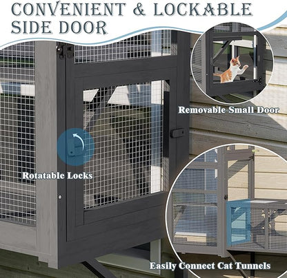 Large Catio Cat Window Box, Outdoor Cats Window Perch Enclosure for Indoor Cats with 4 Jump Platforms & 4 Doors, Kitten Cat Patio House Connected with Tunnels, All Weather Use (Gray)