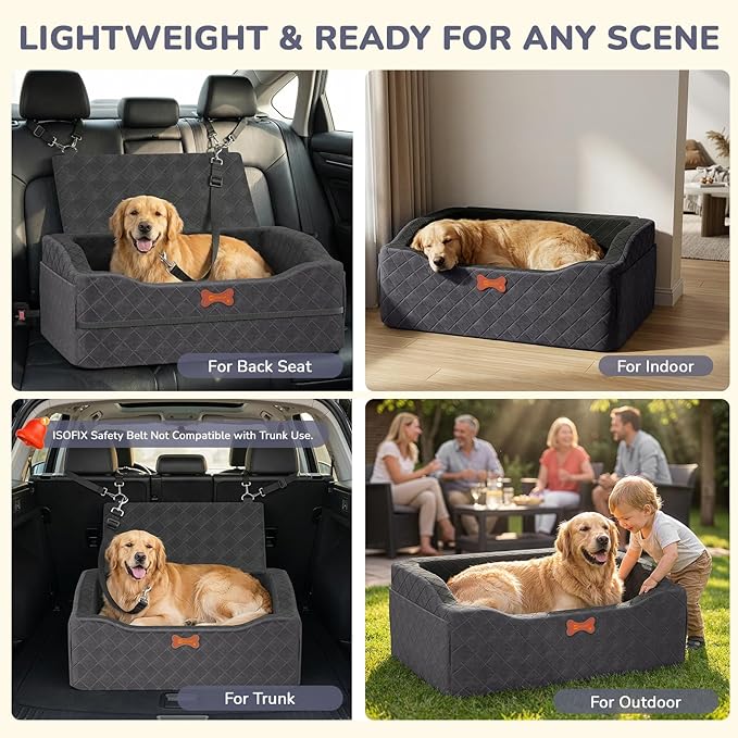 Dog Car Seat for Medium Large Dogs, 4" Elevated Booster Seat with ISOFIX Safety Fixation, Washable Cover & High Density Memory Foam, Portable for Car Front/Rear/Trunk Home Outdoor Use (Charcoal Gray)