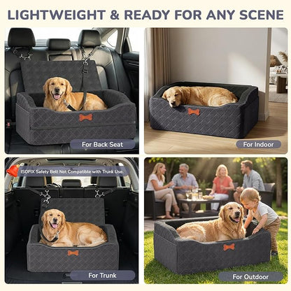 Dog Car Seat for Medium Large Dogs, 4" Elevated Booster Seat with ISOFIX Safety Fixation, Washable Cover & High Density Memory Foam, Portable for Car Front/Rear/Trunk Home Outdoor Use (Charcoal Gray)