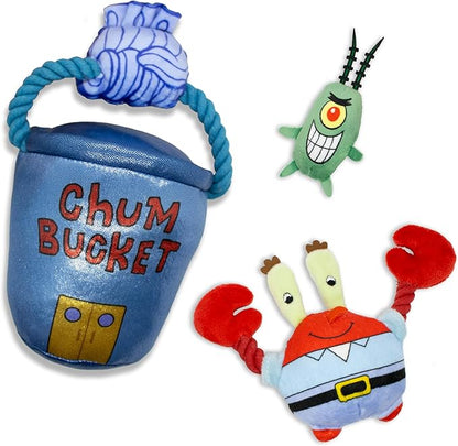 design LAB, Inc. Spongebob Squarepants Official Merchandise | Plush Dog Toys with Tug Rope & Squeakers | Nesting Toy Set of 3 | Plankton, Mr. Krabs & Iconic Chum Bucket